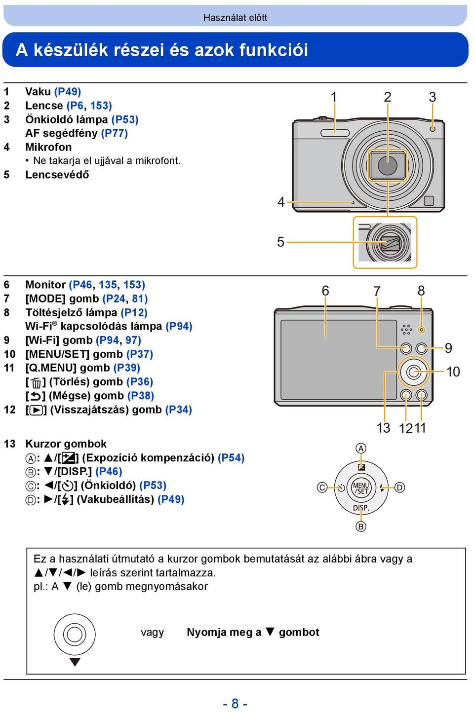 MENU] gomb (P39) [ ] (Törlés) gomb (P36) [ ] (Mégse) gomb (P38) 12 [(] (Visszajátszás) gomb (P34) 13 Kurzor gombok A: 3/[È] (Expozíció kompenzáció) (P54) B: 4/[DISP.