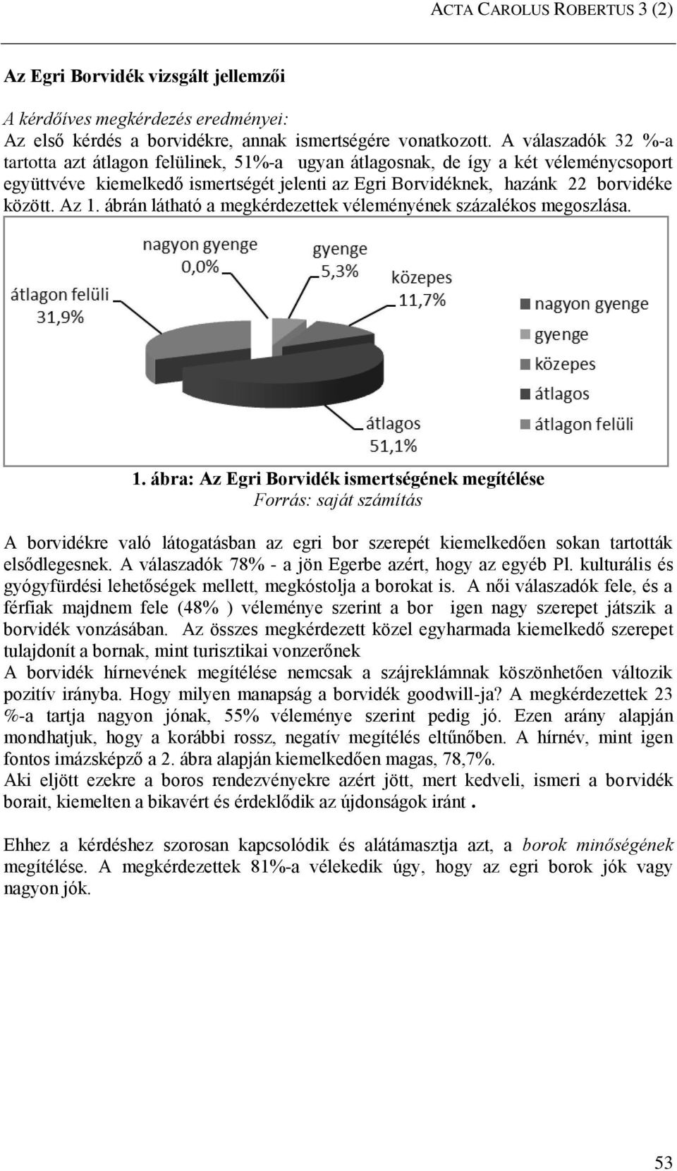 Az 1. ábrán látható a megkérdezettek véleményének százalékos megoszlása. 1. ábra: Az Egri Borvidék ismertségének megítélése A borvidékre való látogatásban az egri bor szerepét kiemelkedően sokan tartották elsődlegesnek.