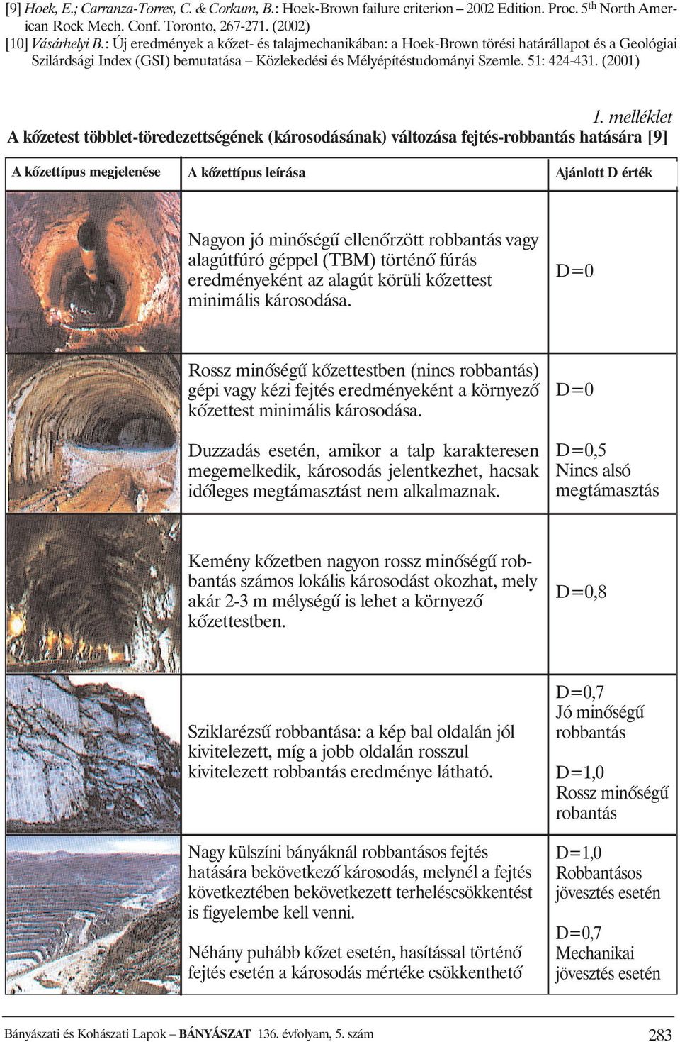 melléklet A kõzetest többlet-töredezettségének (károsodásának) változása fejtés-robbantás hatására [9] A kõzettípus megjelenése A kõzettípus leírása Ajánlott D érték Nagyon jó minõségû ellenõrzött