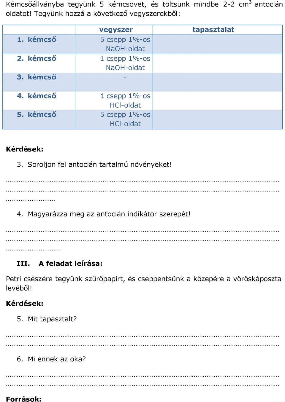 kémcső 5 csepp 1%-os HCl-oldat 3. Soroljon fel antocián tartalmú növényeket! 4. Magyarázza meg az antocián indikátor szerepét! III.