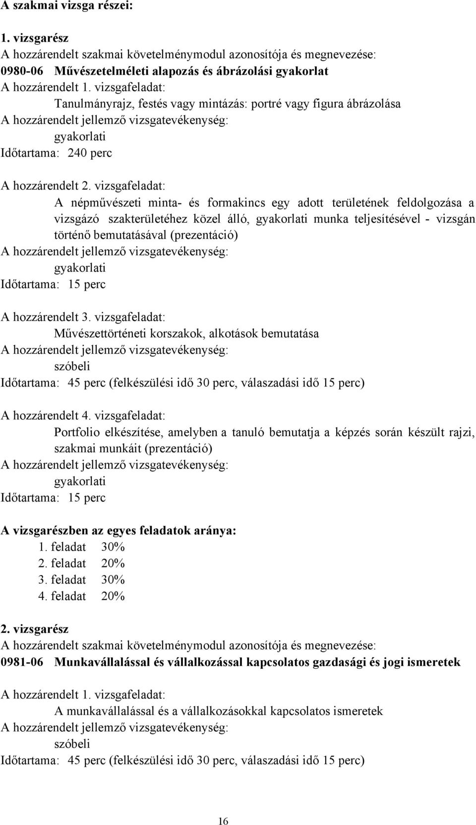 vizsgafeladat: A népművészeti minta- és formakincs egy adott területének feldolgozása a vizsgázó szakterületéhez közel álló, munka teljesítésével - vizsgán történő bemutatásával (prezentáció) A