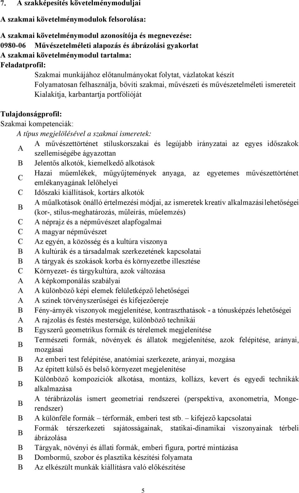 Kialakítja, karbantartja portfólióját Tulajdonságprofil: Szakmai kompetenciák: A típus megjelölésével a szakmai ismeretek: A művészettörténet stíluskorszakai és legújabb irányzatai az egyes időszakok