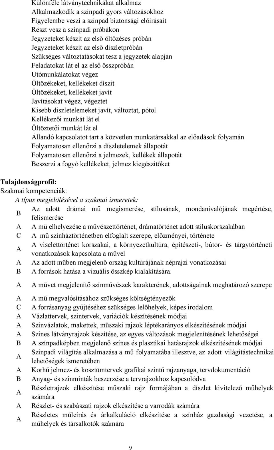 Öltözékeket, kellékeket javít Javításokat végez, végeztet Kisebb díszletelemeket javít, változtat, pótol Kellékezői munkát lát el Öltöztetői munkát lát el Állandó kapcsolatot tart a közvetlen