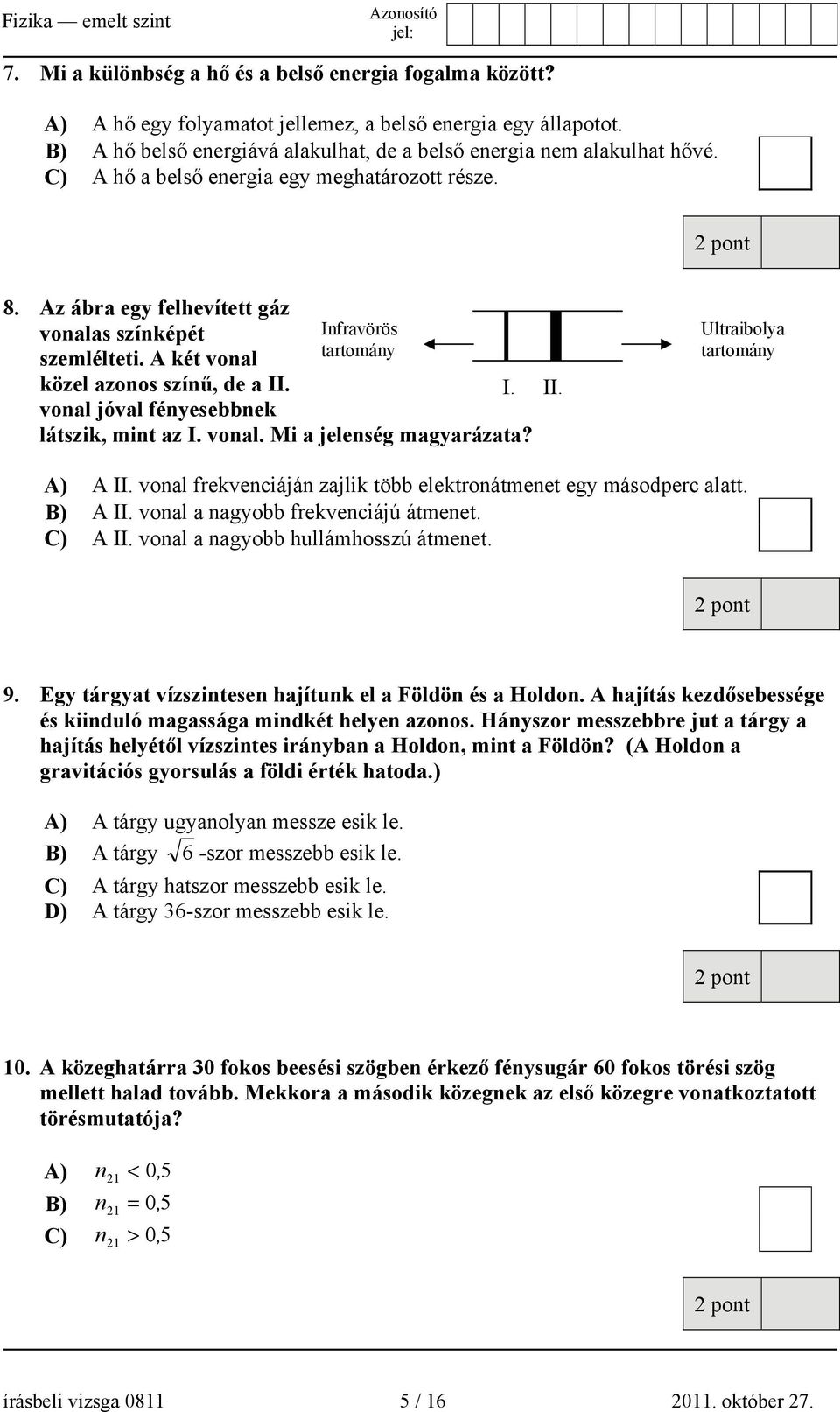 II. látszik, mint az I. vonal. Mi a jelenség magyarázata? Ultraibolya tartomány A) A II. vonal frekvenciáján zajlik több elektronátmenet egy másodperc alatt. B) A II.