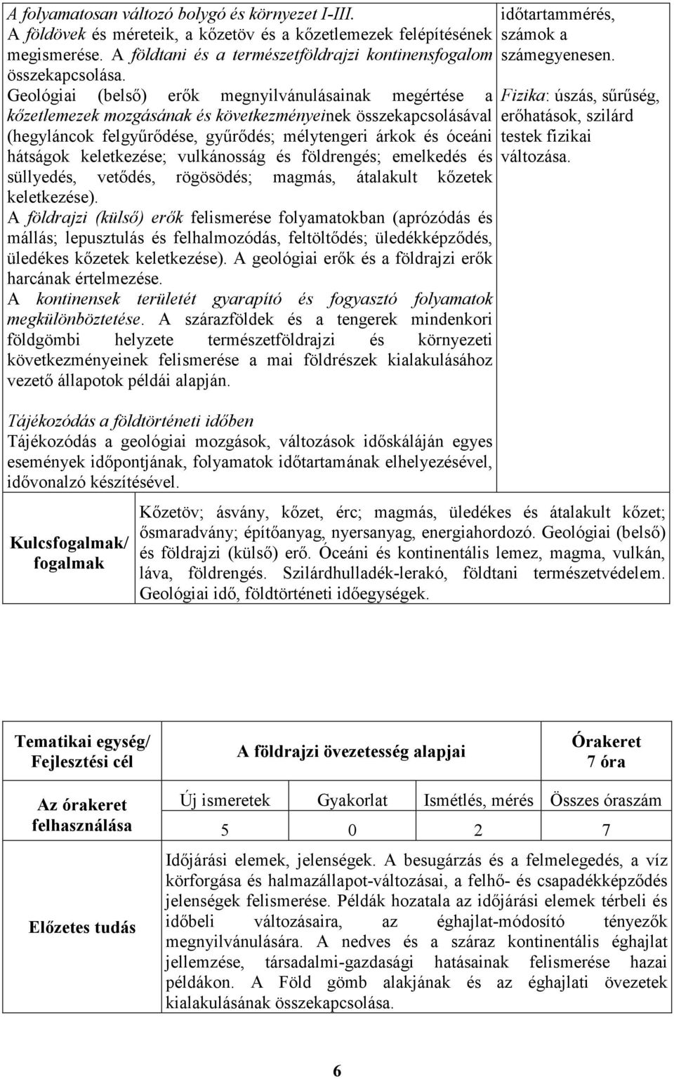 keletkezése; vulkánosság és földrengés; emelkedés és süllyedés, vetıdés, rögösödés; magmás, átalakult kızetek keletkezése).