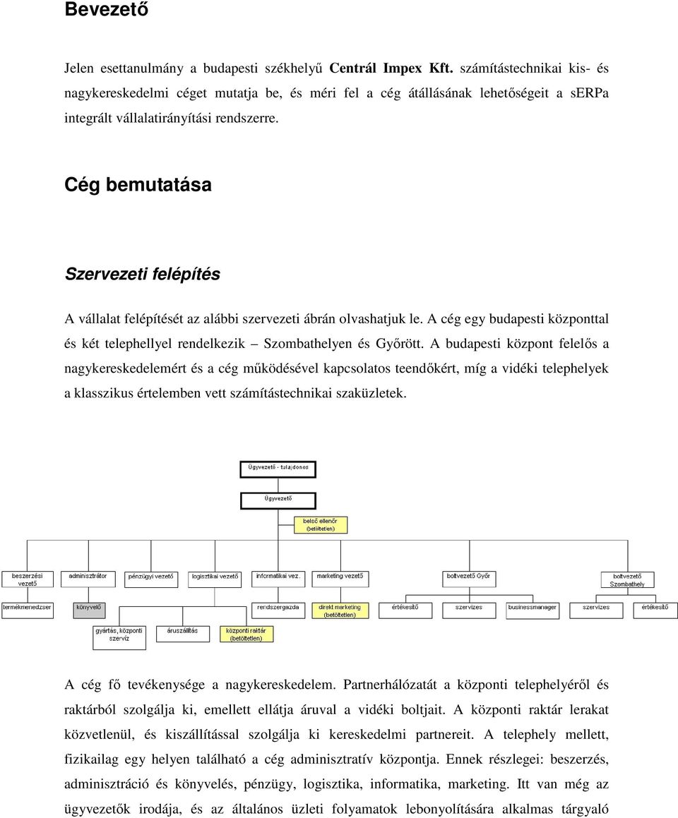 Cég bemutatása Szervezeti felépítés A vállalat felépítését az alábbi szervezeti ábrán olvashatjuk le. A cég egy budapesti központtal és két telephellyel rendelkezik Szombathelyen és Gyırött.