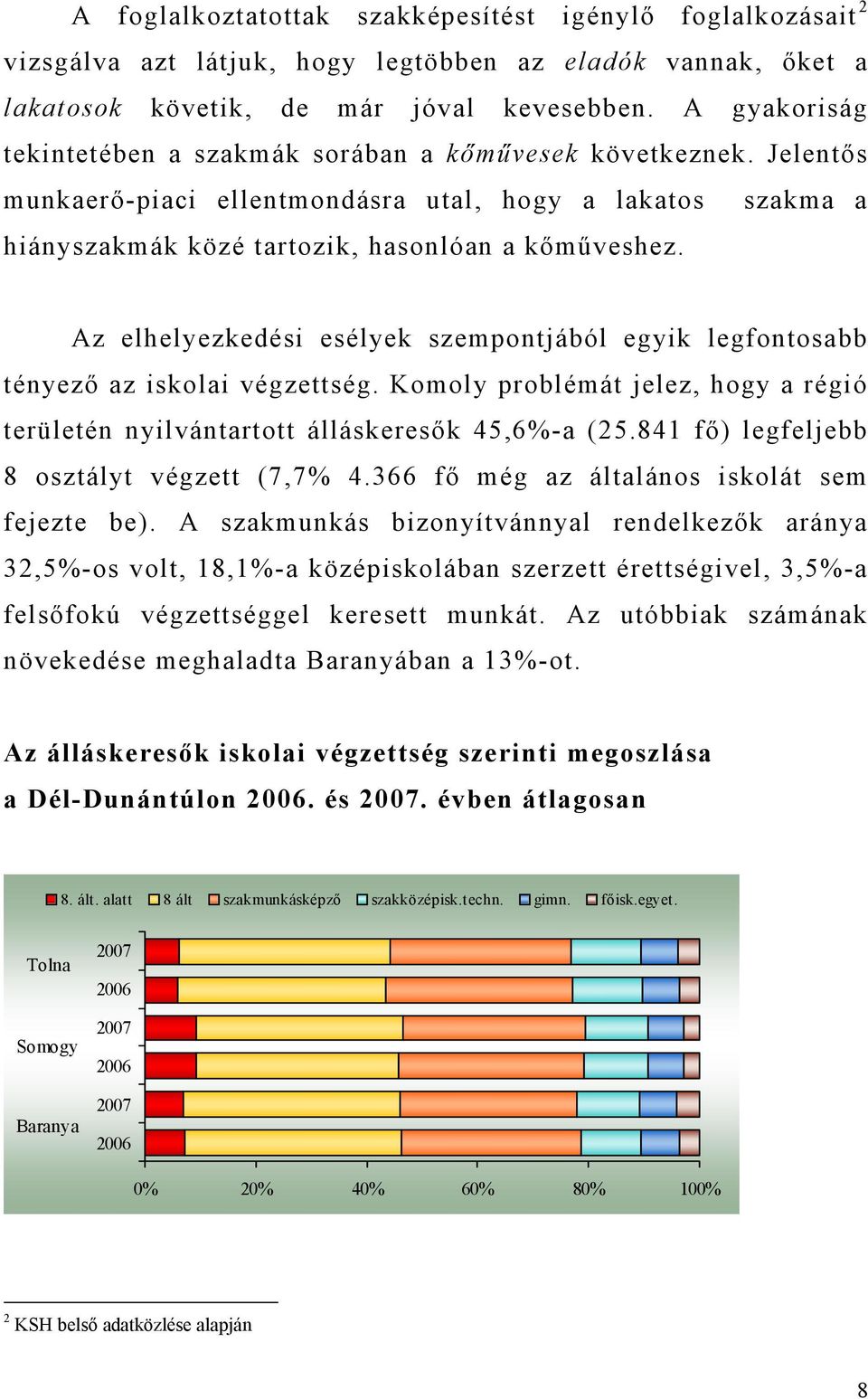 Az elhelyezkedési esélyek szempontjából egyik legfontosabb tényező az iskolai végzettség. Komoly problémát jelez, hogy a régió területén nyilvántartott álláskeresők 45,6%-a (25.