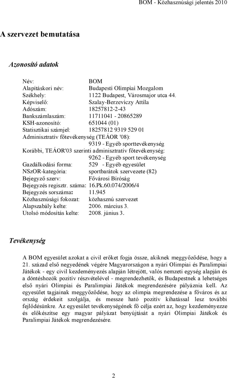 '08): 9319 - Egyéb sporttevékenység Korábbi, TEÁOR'03 szerinti adminisztratív főtevékenység: 9262 - Egyéb sport tevékenység Gazdálkodási forma: 529 - Egyéb egyesület NSzOR-kategória: sportbarátok