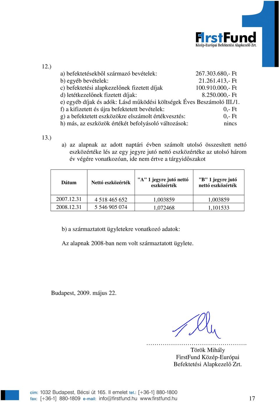 f) a kifizetett és újra befektetett bevételek: 0,- Ft g) a befektetett eszközökre elszámolt értékvesztés: 0,- Ft h) más, az eszközök értékét befolyásoló változások: nincs a) az alapnak az adott