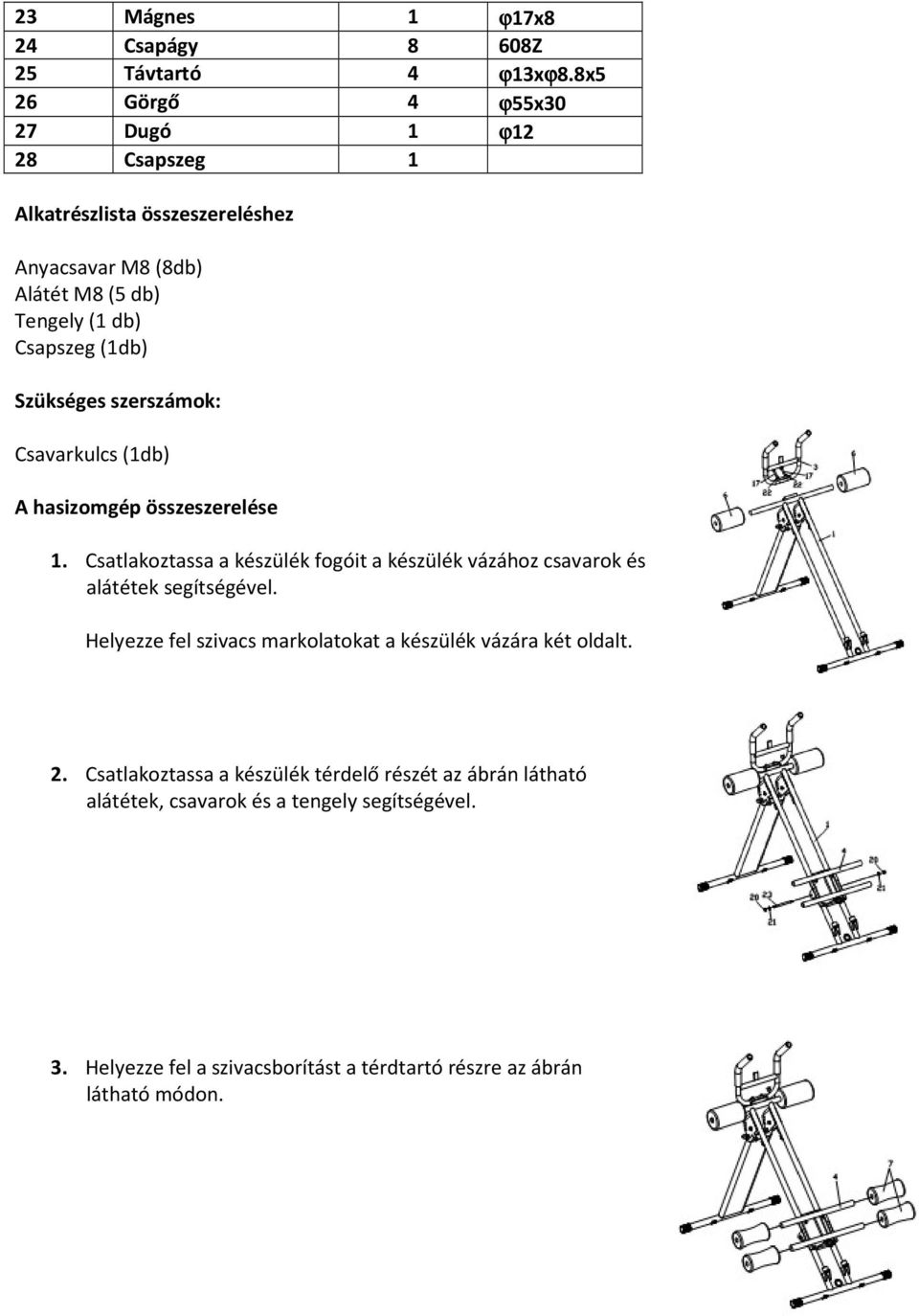 Szükséges szerszámok: Csavarkulcs (1db) A hasizomgép összeszerelése 1.