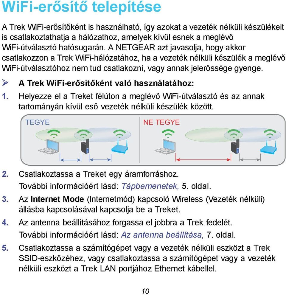 A NETGEAR azt javasolja, hogy akkor csatlakozzon a Trek WiFi-hálózatához, ha a vezeték nélküli készülék a meglévő WiFi-útválasztóhoz nem tud csatlakozni, vagy annak jelerőssége gyenge.