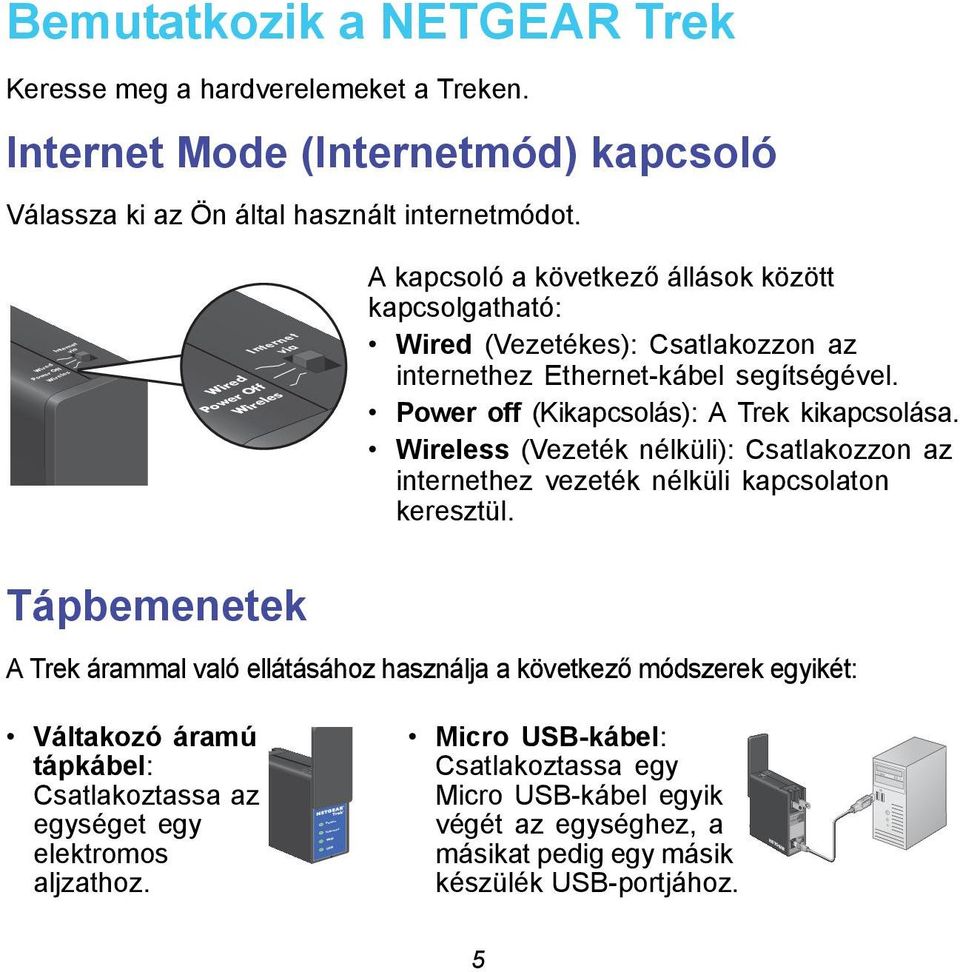 Power off (Kikapcsolás): A Trek kikapcsolása. Wireless (Vezeték nélküli): Csatlakozzon az internethez vezeték nélküli kapcsolaton keresztül.