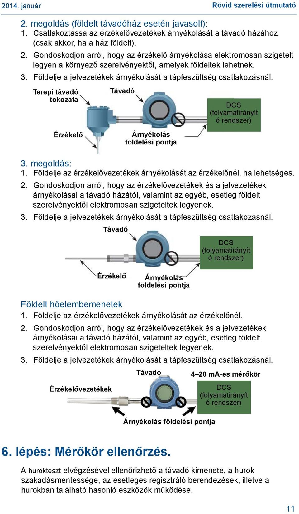 Földelje az érzékelővezetékek árnyékolását az érzékelőnél, ha lehetséges. 2.