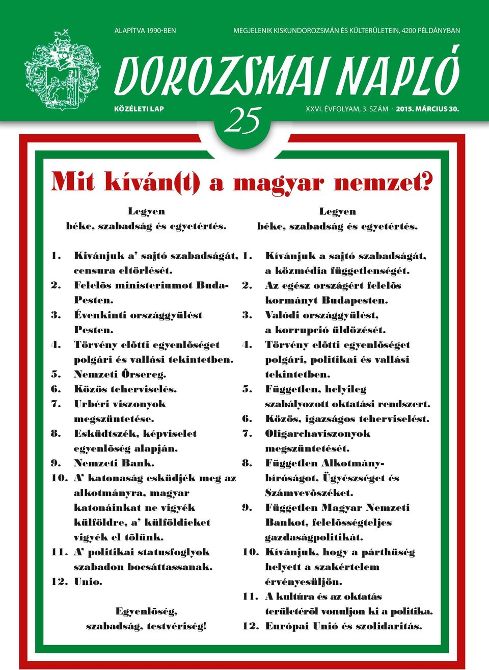 Törvény elõtti egyenlõséget polgári és vallási tekintetben. 5. Nemzeti Õrsereg. 6. Közös teherviselés. 7. Urbéri viszonyok megszüntetése. 8. Esküdtszék, képviselet egyenlõség alapján. 9. Nemzeti Bank.