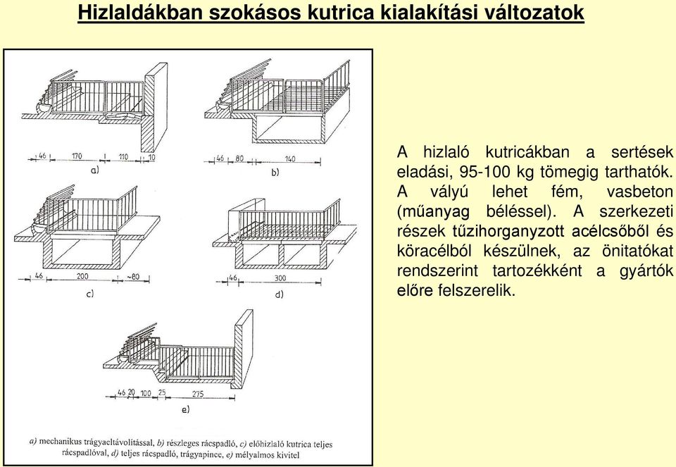 A vályú lehet fém, vasbeton (műanyag béléssel).