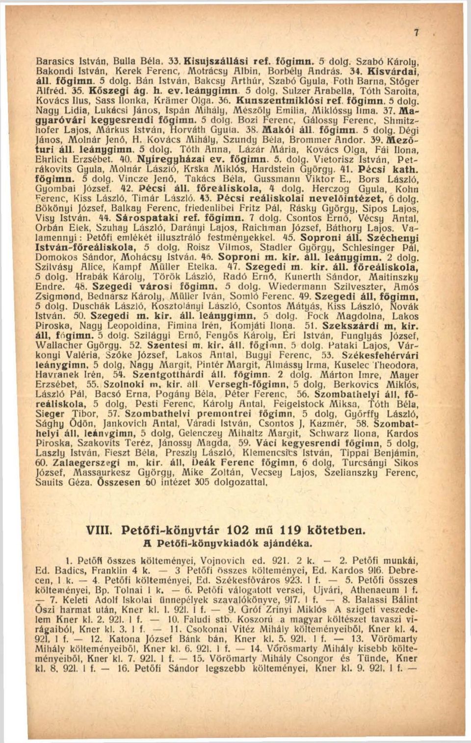 37. Magyaróvári kegyesrendi főgimn. 5 dóig. Bozi Ferenc, Gálossy Ferenc, Shmitzhofer Lajos, Márkus István, Horváth Gyula. 38. Makói áll. főgimn. 5 dóig. Dégi János, Molnár Jenő, H.