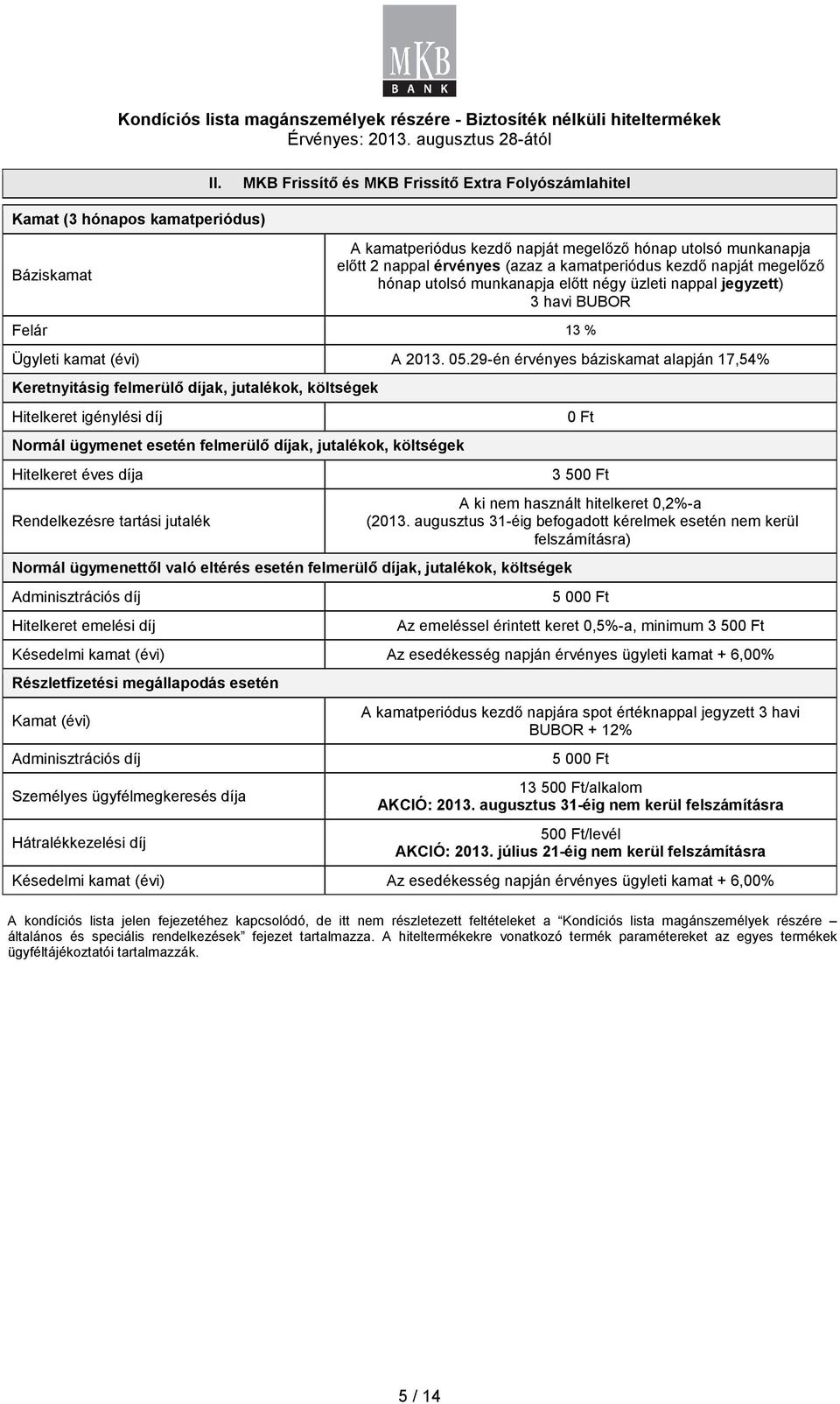 29-én érvényes báziskamat alapján 17,54% Keretnyitásig felmerülı díjak, jutalékok, költségek Hitelkeret igénylési díj Normál ügymenet esetén felmerülı díjak, jutalékok, költségek Hitelkeret éves díja