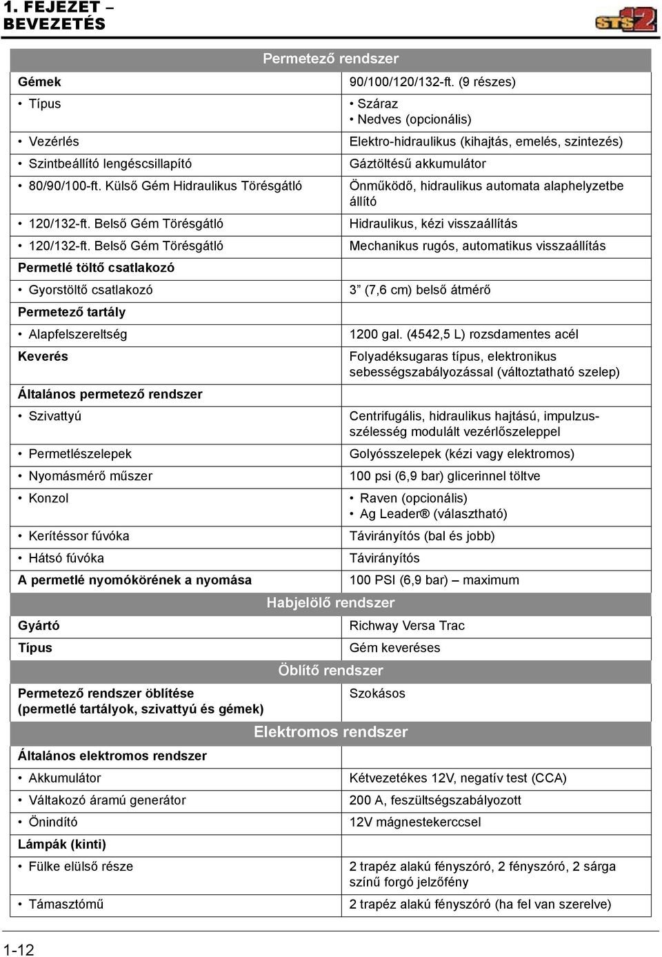 Kerítéssor fúvóka Hátsó fúvóka A permetlé nyomókörének a nyomása Gyártó Típus Permetező rendszer öblítése (permetlé tartályok, szivattyú és gémek) Általános elektromos rendszer Akkumulátor Váltakozó