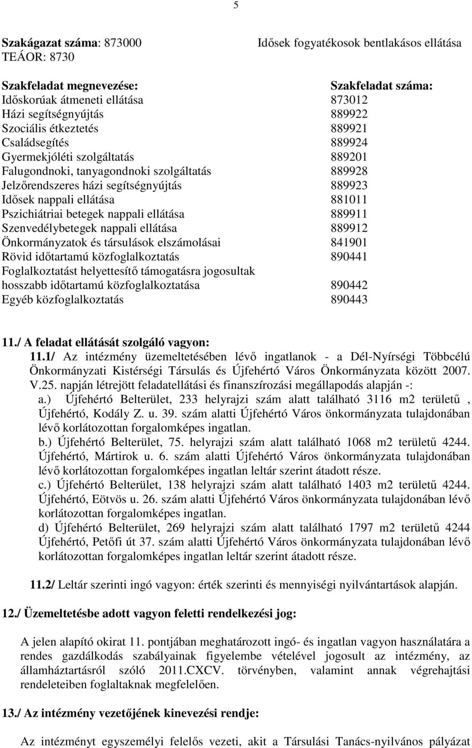 Pszichiátriai betegek nappali ellátása 889911 Szenvedélybetegek nappali ellátása 889912 Önkormányzatok és társulások elszámolásai 841901 Rövid időtartamú közfoglalkoztatás 890441 Foglalkoztatást