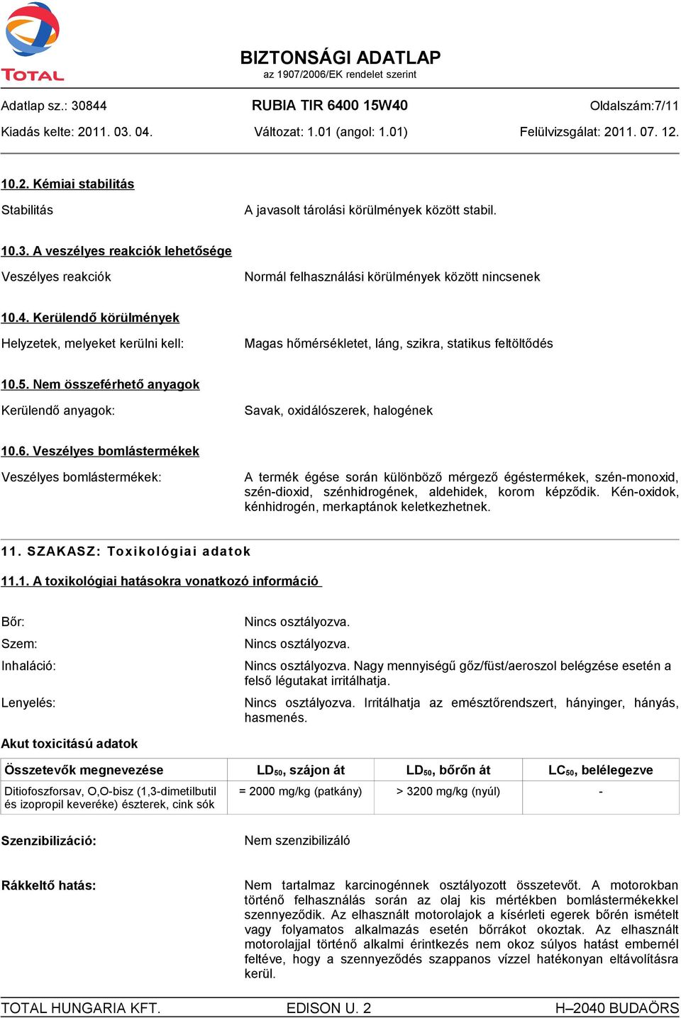 6. Veszélyes bomlástermékek Veszélyes bomlástermékek: A termék égése során különböző mérgező égéstermékek, szén-monoxid, szén-dioxid, szénhidrogének, aldehidek, korom képződik.