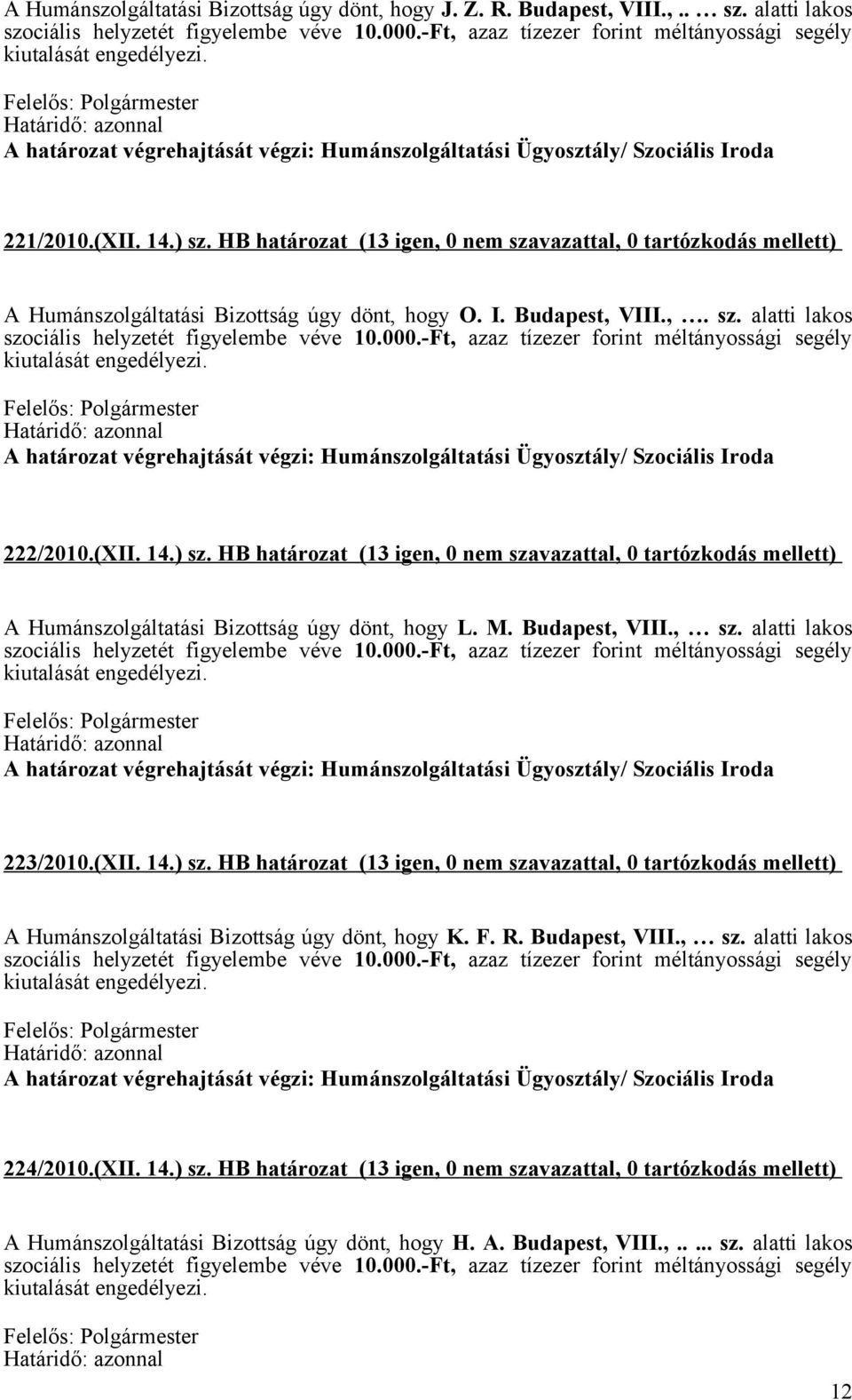 HB határozat (13 igen, 0 nem szavazattal, 0 tartózkodás mellett) A Humánszolgáltatási Bizottság úgy dönt, hogy L. M. Budapest, VIII., sz. alatti lakos 223/2010.(XII. 14.) sz.