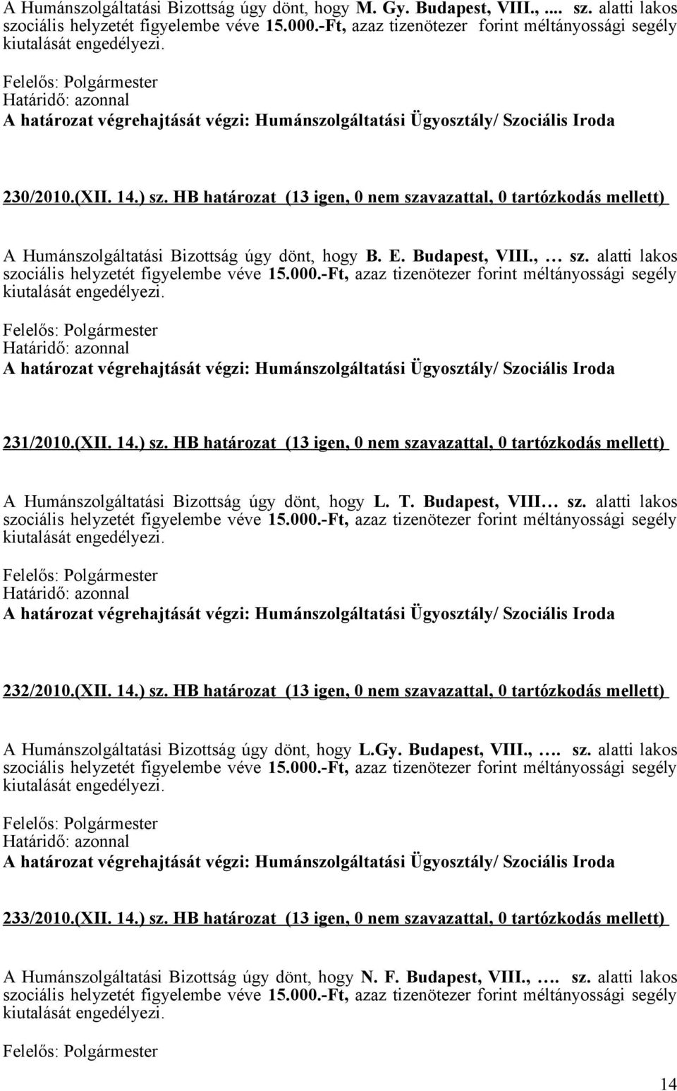 000.-Ft, azaz tizenötezer forint méltányossági segély 231/2010.(XII. 14.) sz. HB határozat (13 igen, 0 nem szavazattal, 0 tartózkodás mellett) A Humánszolgáltatási Bizottság úgy dönt, hogy L. T.