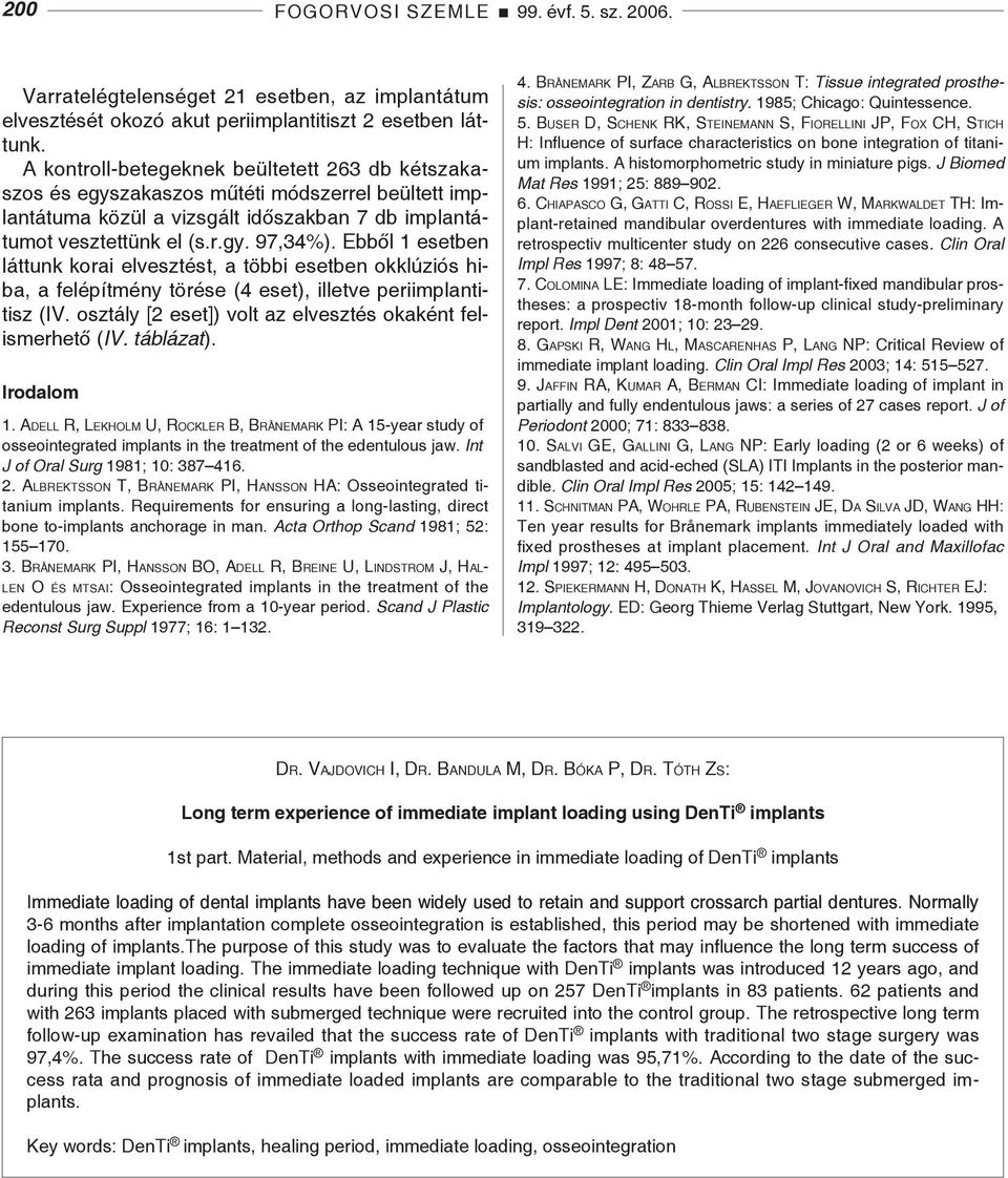 Ebből 1 esetben láttunk korai elvesztést, a többi esetben okklúziós hiba, a felépítmény törése (4 eset), illetve periimplantitisz (IV. osztály [2 eset]) volt az elvesztés okaként felismerhető (IV.