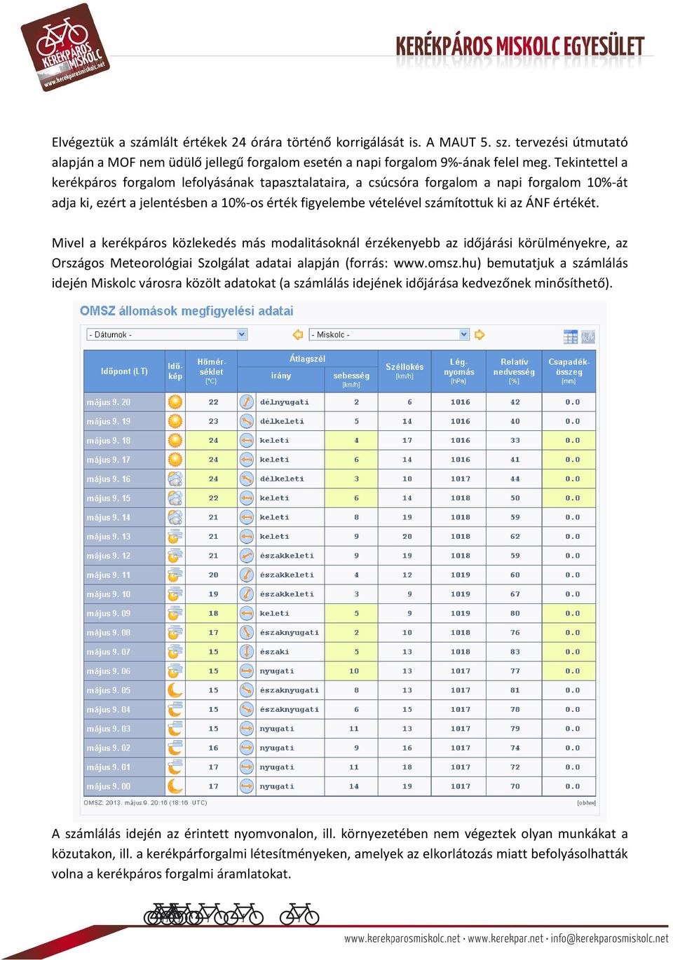 értékét. Mivel a kerékpáros közlekedés más modalitásoknál érzékenyebb az időjárási körülményekre, az Országos Meteorológiai Szolgálat adatai alapján (forrás: www.omsz.