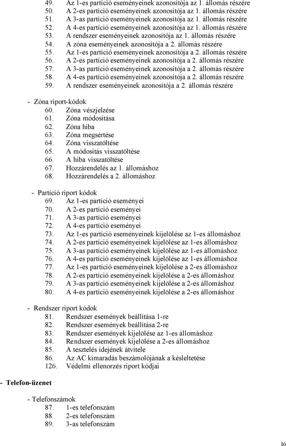 A zóna eseményeinek azonosítója a 2. állomás részére 55. Az 1-es partíció eseményeinek azonosítója a 2. állomás részére 56. A 2-es partíció eseményeinek azonosítója a 2. állomás részére 57.