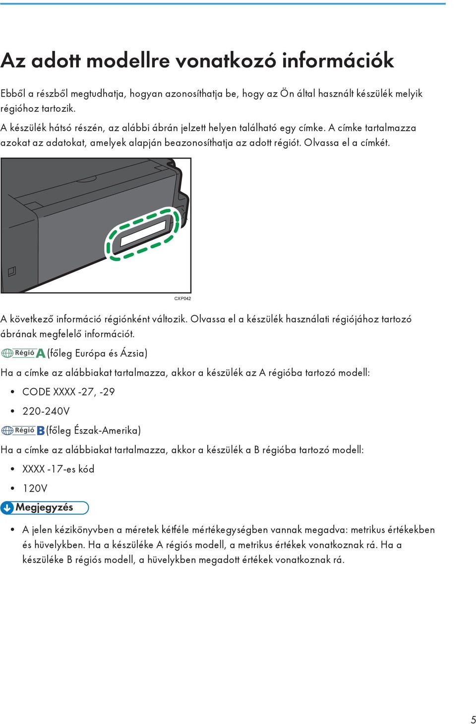 CXP042 A következő információ régiónként változik. Olvassa el a készülék használati régiójához tartozó ábrának megfelelő információt.
