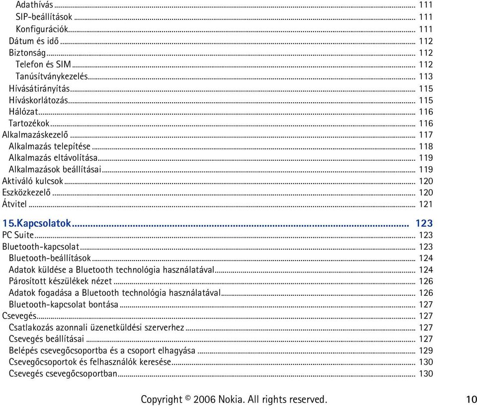 .. 121 15.Kapcsolatok... 123 PC Suite... 123 Bluetooth-kapcsolat... 123 Bluetooth-beállítások... 124 Adatok küldése a Bluetooth technológia használatával... 124 Párosított készülékek nézet.