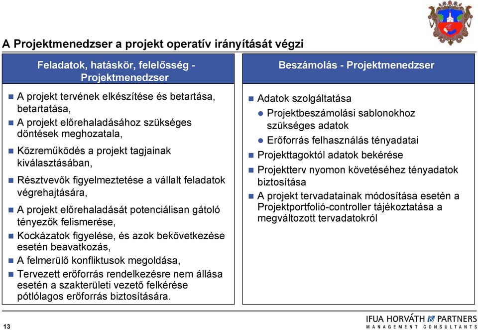 felismerése, Kockázatok figyelése, és azok bekövetkezése esetén beavatkozás, A felmerülő konfliktusok megoldása, Tervezett erőforrás rendelkezésre nem állása esetén a szakterületi vezető felkérése