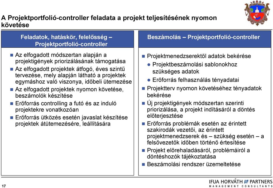 beszámolók készítése Erőforrás controlling a futó és az induló projektekre vonatkozóan Erőforrás ütközés esetén javaslat készítése projektek átütemezésére, leállítására Beszámolás