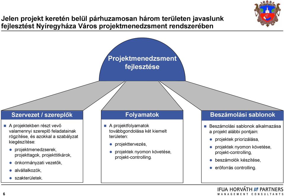 alvállalkozók, szakterületek. Folyamatok A projektfolyamatok továbbgondolása két kiemelt területen: projekttervezés, projektek nyomon követése, projekt-controlling.