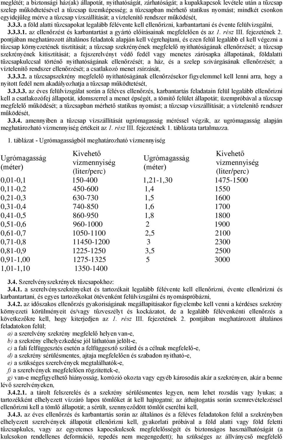 3.3. a föld alatti tűzcsapokat legalább félévente kell ellenőrizni, karbantartani és évente felülvizsgálni, 3.3.3.1. az ellenőrzést és karbantartást a gyártó előírásainak megfelelően és az 1.