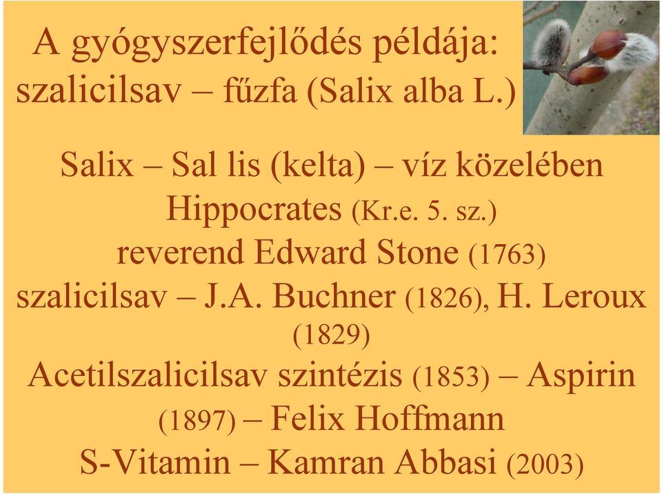 ) reverend Edward Stone (1763) szalicilsav J.A. Buchner (1826), H.
