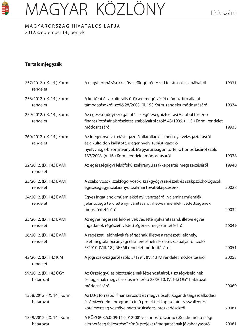 (IX. 14.) KIM rendelet 59/2012. (IX. 14.) OGY határozat 1358/2012. (IX. 14.) Korm.