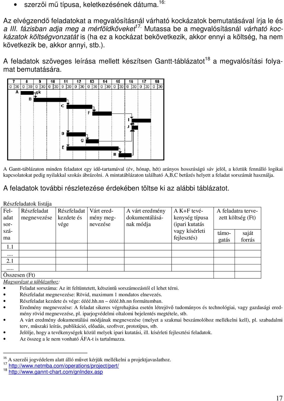 A feladatok szöveges leírása mellett készítsen Gantt-táblázatot 18 a megvalósítási folyamat bemutatására.