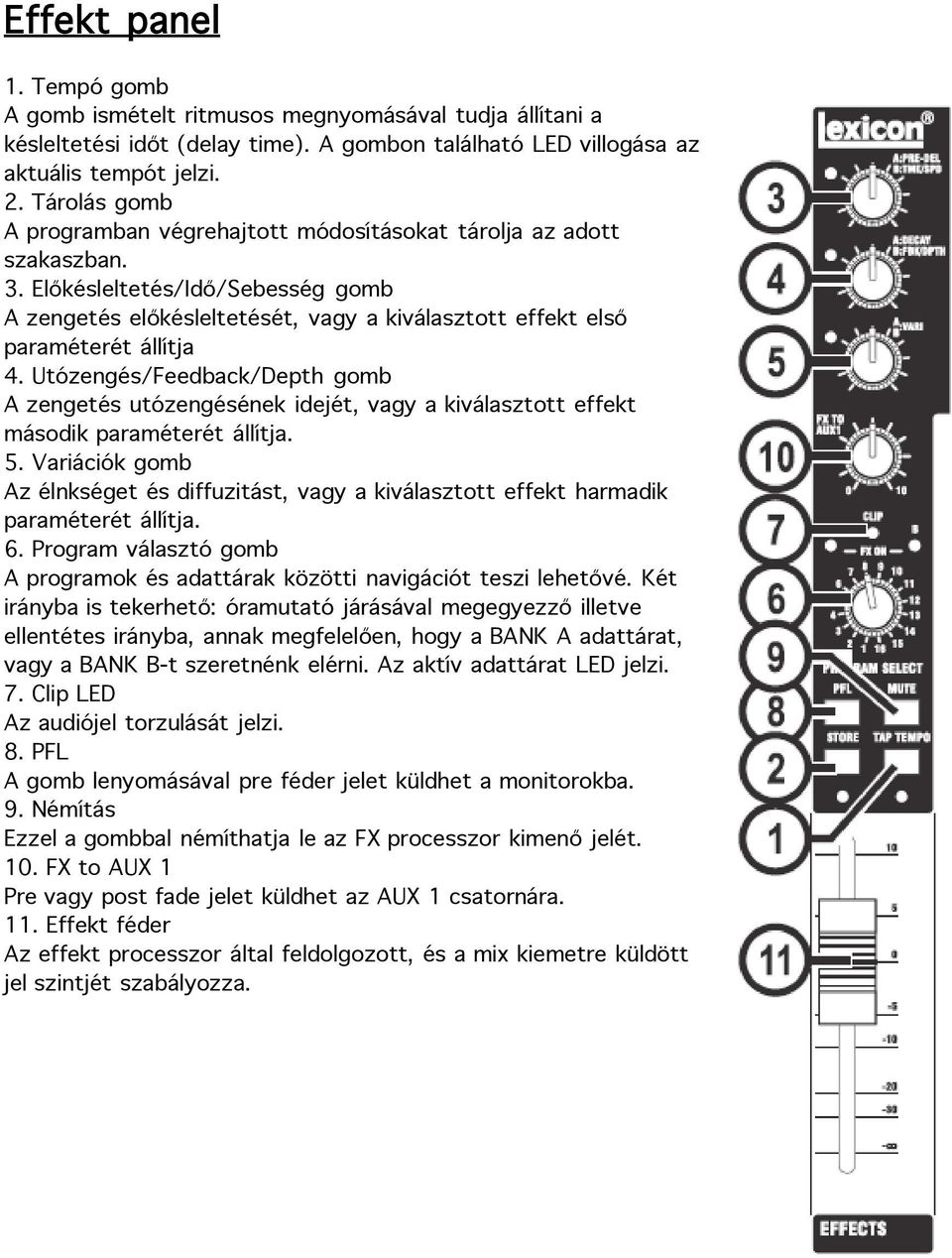 Előkésleltetés/Idő/Sebesség gomb A zengetés előkésleltetését, vagy a kiválasztott effekt első paraméterét állítja 4.