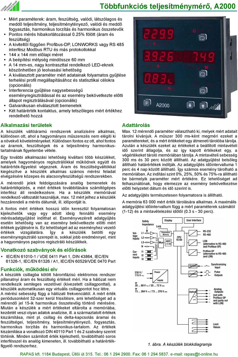 25% fölött (áram és feszültség) A kiviteltõl függõen Profibus DP, LONWORKS vagy RS 485 interfész Modbus RTU és más protokollokkal 144 x 144 mm elõlapi méret A beépítési mélység mindössze 60 mm A 14