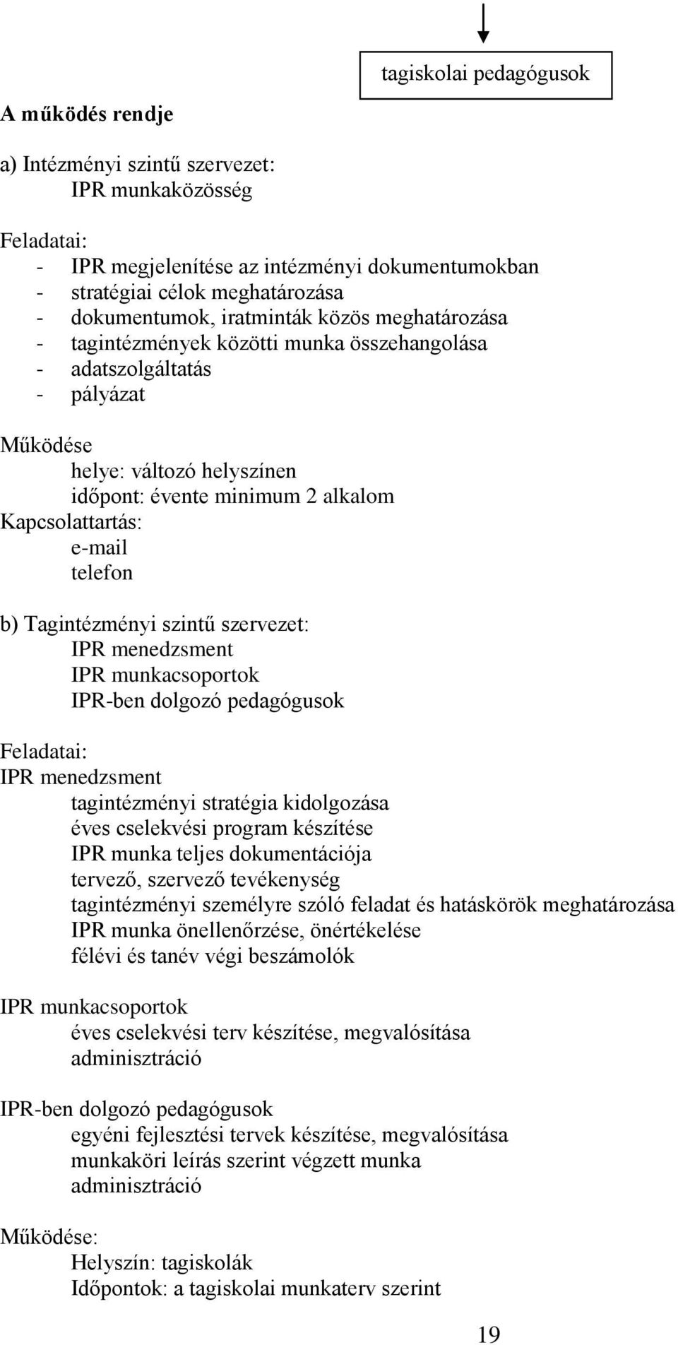 telefon b) Tagintézményi szintű szervezet: IPR menedzsment IPR munkacsoportok IPR-ben dolgozó pedagógusok Feladatai: IPR menedzsment tagintézményi stratégia kidolgozása éves cselekvési program