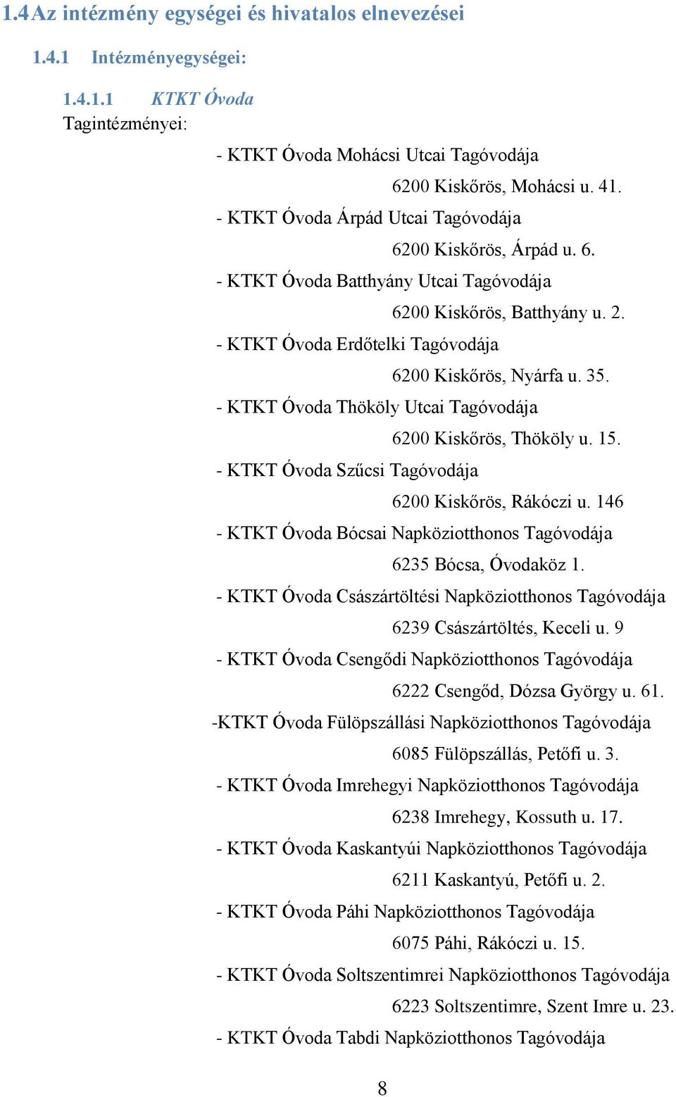 - KTKT Óvoda Thököly Utcai Tagóvodája - KTKT Óvoda Szűcsi Tagóvodája 6200 Kiskőrös, Thököly u. 15. 6200 Kiskőrös, Rákóczi u. 146 - KTKT Óvoda Bócsai Napköziotthonos Tagóvodája 6235 Bócsa, Óvodaköz 1.