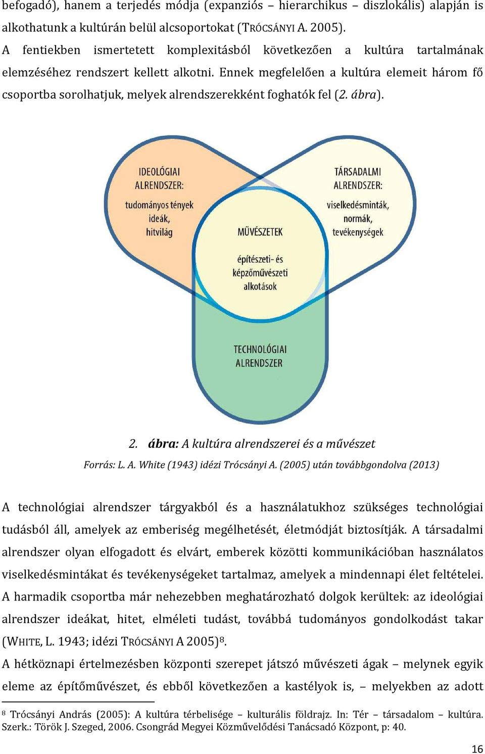 Ennek megfelelően a kultúra elemeit három fő csoportba sorolhatjuk, melyek alrendszerekként foghatók fel (2. ábra). 2. ábra: A kultúra alrendszerei és a művészet Forrás: L. A. White (1943) idézi Trócsányi A.