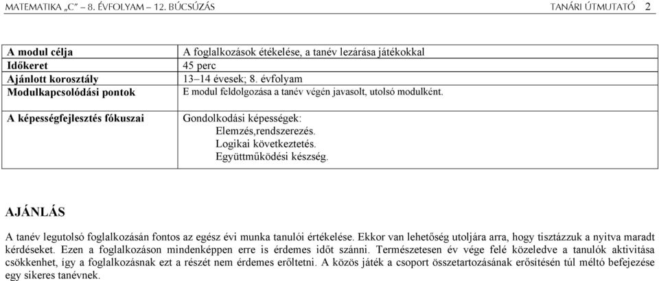 évesek; 8. évfolyam E modul feldolgozása a tanév végén javasolt, utolsó modulként. Gondolkodási képességek: Elemzés,rendszerezés. Logikai következtetés. Együttműködési készség.