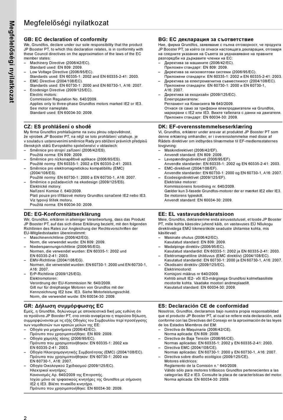 Low Voltage Directive (2006/95/EC). Standards used: EN 60335-1: 2002 and EN 60335-2-41: 2003. EMC Directive (2004/108/EC). Standards used: EN 60730-1: 2000 and EN 60730-1, A16: 2007.