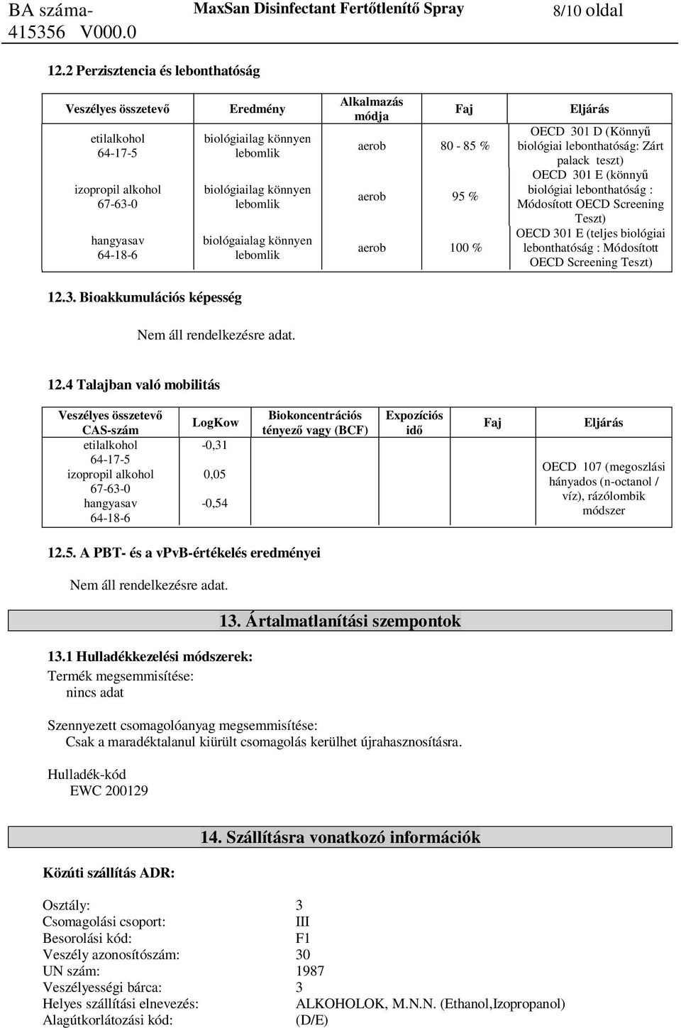 (Könny biológiai lebonthatóság: Zárt palack teszt) OECD 301 E (könny biológiai lebonthatóság : Módosított OECD Screening Teszt) OECD 301 E (teljes biológiai lebonthatóság : Módosított OECD Screening