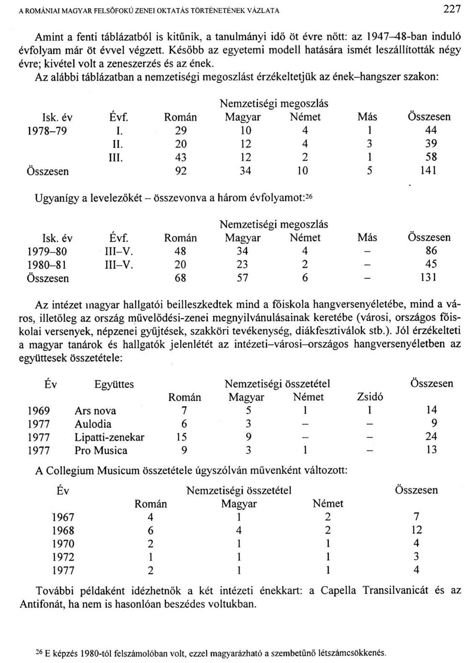 Az alábbi táblázatban a nemzetiségi megoszlást érzékeltetjük az ének-hangszer szakon: Nemzetiségi megoszlás Isk. év Évf. Román Magyar Német Más Összesen 1978-79 I. 29 10 4 1 44 II. 20 12 4 3 39 III.
