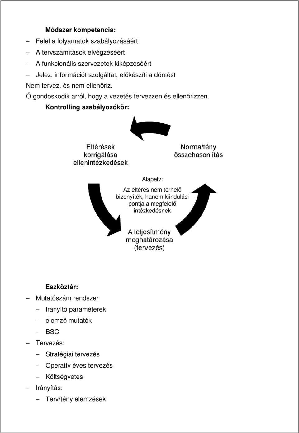 Kontrolling szabályozókör: Alapelv: Az eltérés nem terhelı bizonyíték, hanem kiindulási pontja a megfelelı intézkedésnek Eszköztár: