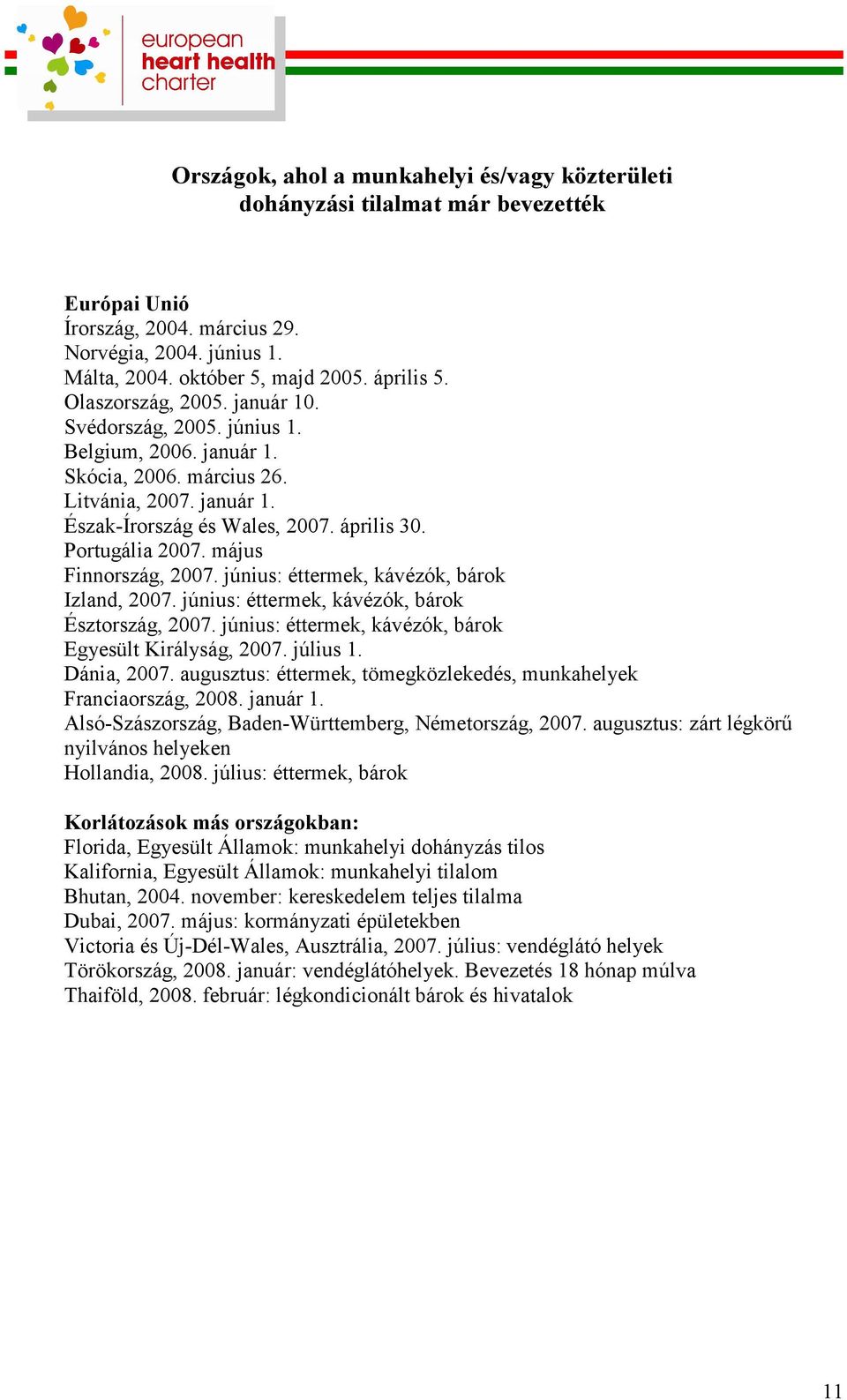 május Finnország, 2007. június: éttermek, kávézók, bárok Izland, 2007. június: éttermek, kávézók, bárok Észtország, 2007. június: éttermek, kávézók, bárok Egyesült Királyság, 2007. július 1.