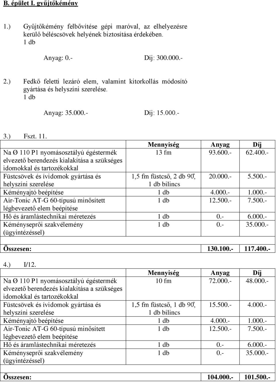 - Díj: 300.000.- 2.) Fedkő feletti lezáró elem, valamint kitorkollás módosító gyártása és. Anyag: 35.000.- Díj: 15.000.- 3.